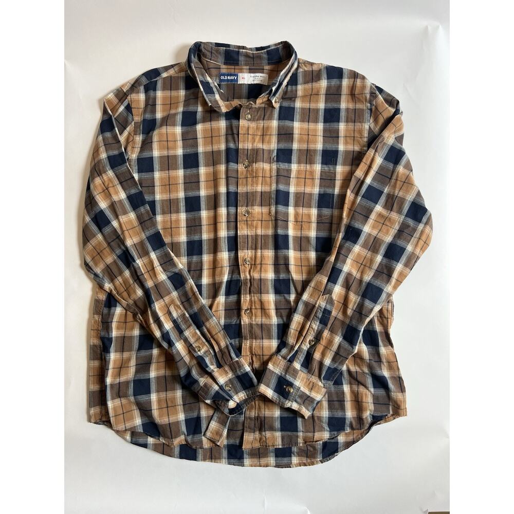 Old Navy Everyday Shirt Men's Slim Fit Blue/Brown Plaid Stretch Button-Up XL